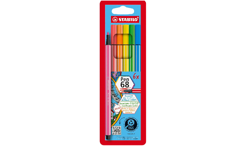 Premium Fibre-Tip Pen - STABILO Pen 68 - Pack of 6 - Neon Colours