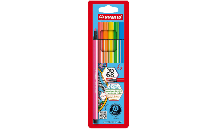 Premium Fibre-Tip Pen - STABILO Pen 68 - Pack of 6 - Neon Colours