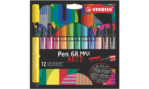 Premium Fibre-Tip Pen with Chisel Tip - STABILO Pen 68 MAX - ARTY - Pack of 12 - Assorted Colours