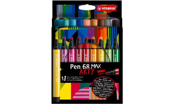 Premium Fibre-Tip Pen with Chisel Tip - STABILO Pen 68 MAX - ARTY - Pack of 18 - Assorted Colours