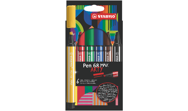 Premium Fibre-Tip Pen with Chisel Tip - STABILO Pen 68 MAX - ARTY - Pack of 6 - Assorted Colours