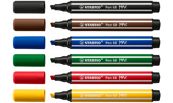 Premium Fibre-Tip Pen with Chisel Tip - STABILO Pen 68 MAX - ARTY - Pack of 6 - Assorted Colours