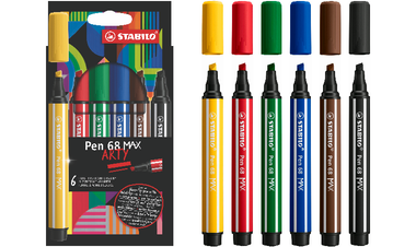 Premium Fibre-Tip Pen with Chisel Tip - STABILO Pen 68 MAX - ARTY - Pack of 6 - Assorted Colours