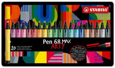 Premium Fibre-Tip Pen with Chisel Tip - STABILO Pen 68 MAX - ARTY - Tin of 20 - Assorted Colours