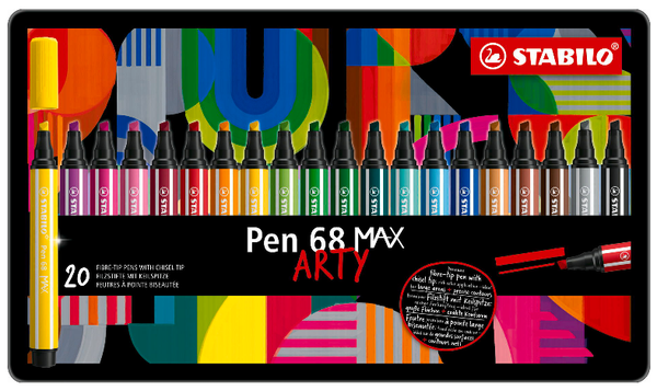 Premium Fibre-Tip Pen with Chisel Tip - STABILO Pen 68 MAX - ARTY - Tin of 20 - Assorted Colours