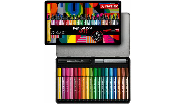 Premium Fibre-Tip Pen with Chisel Tip - STABILO Pen 68 MAX - ARTY - Tin of 20 - Assorted Colours