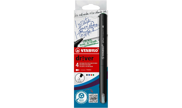 Premium Fineliner - STABILO dr!ver - Fine - Pack of 4 - Black, Blue, Green, Red
