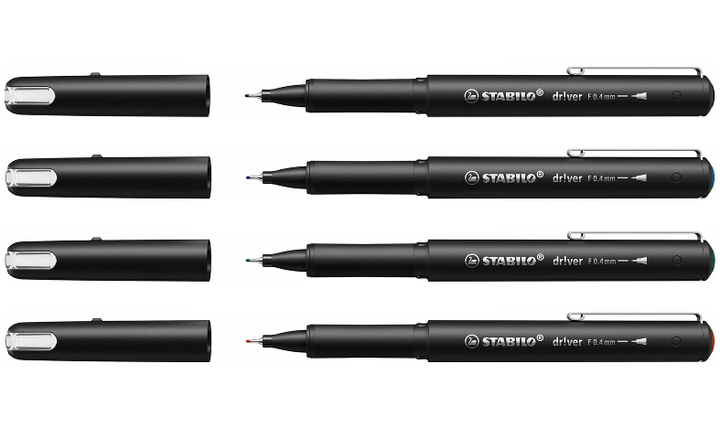 Premium Fineliner - STABILO dr!ver - Fine - Pack of 4 - Black, Blue, Green, Red