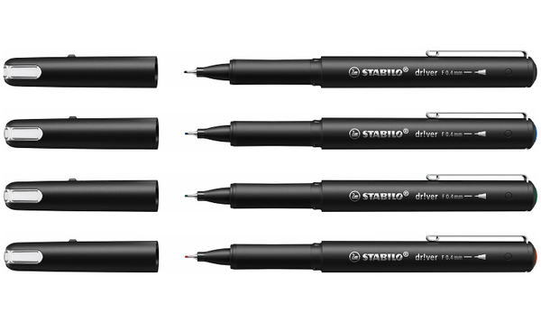 Premium Fineliner - STABILO dr!ver - Fine - Pack of 4 - Black, Blue, Green, Red