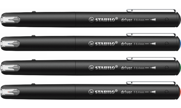 Premium Fineliner - STABILO dr!ver - Fine - Pack of 4 - Black, Blue, Green, Red