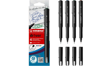 Premium Fineliner - STABILO dr!ver - Fine - Pack of 4 - Black, Blue, Green, Red