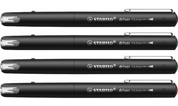 Premium Fineliner - STABILO dr!ver - Fine - Pack of 4 - Black, Blue, Green, Red