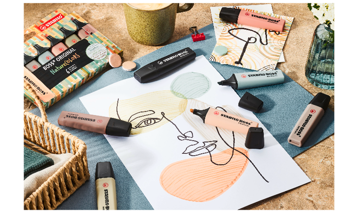 Highlighter - STABILO BOSS ORIGINAL NatureCOLORS - Pack of 6 - Beige, Warm Grey, Earth Green, Sienna, Mud Green, Umber