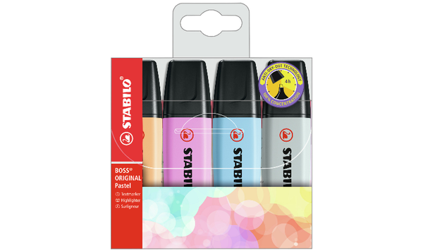 Highlighter - STABILO BOSS ORIGINAL Pastel - Wallet of 4 - Pale Orange, Cloudy Blue, Frozen Fuchsia, Dusty Grey