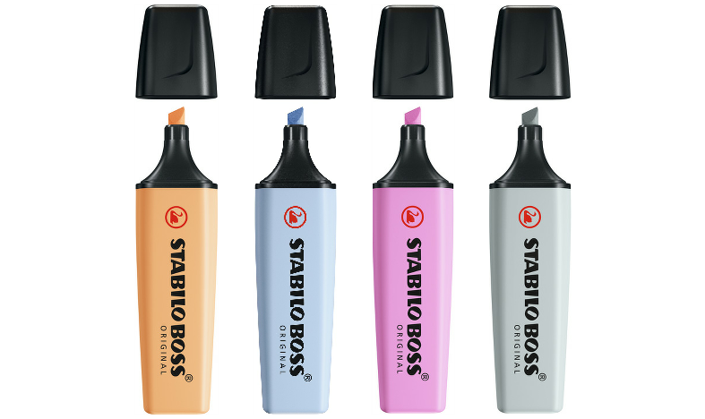 Highlighter - STABILO BOSS ORIGINAL Pastel - Wallet of 4 - Pale Orange, Cloudy Blue, Frozen Fuchsia, Dusty Grey