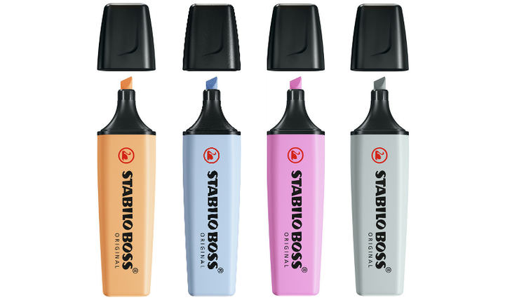 Highlighter - STABILO BOSS ORIGINAL Pastel - Wallet of 4 - Pale Orange, Cloudy Blue, Frozen Fuchsia, Dusty Grey