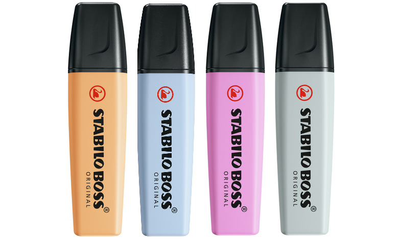 Highlighter - STABILO BOSS ORIGINAL Pastel - Wallet of 4 - Pale Orange, Cloudy Blue, Frozen Fuchsia, Dusty Grey