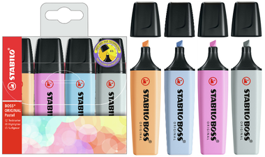 Highlighter - STABILO BOSS ORIGINAL Pastel - Wallet of 4 - Pale Orange, Cloudy Blue, Frozen Fuchsia, Dusty Grey