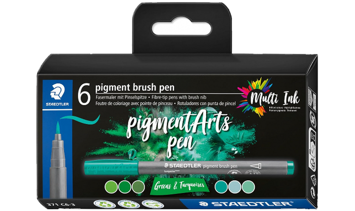 STAEDTLER Pigment Arts Brush Pen Set of 6 Greens &amp; Turquoises