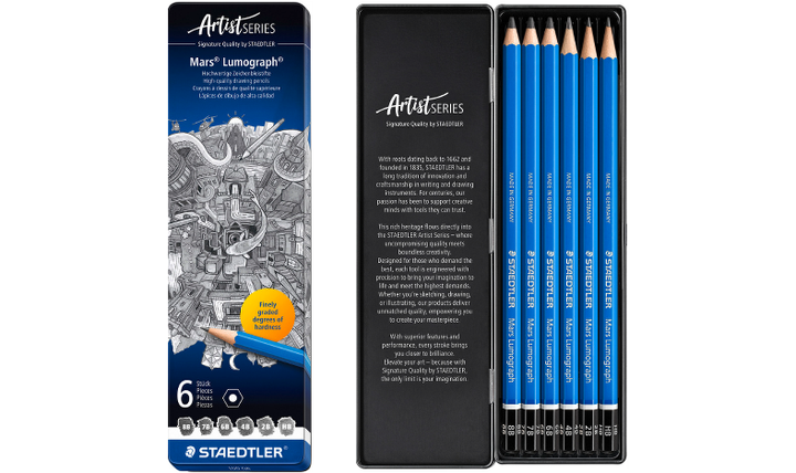 STAEDTLER Mars Lumograph Sketching &amp; Drawing Pencils Tin of 6 Assorted