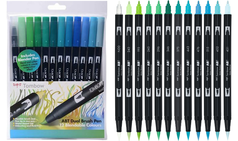 Tombow ABT Dual Brush Pen Ocean Colours Set of 12 Dr Pen