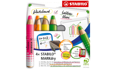 Whiteboard and Flipchart Markers - STABILO MARKdry - Pack of 4 - Assorted Neon Colours with Sharpener + Wiping Cloth