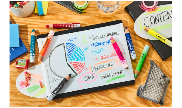 Whiteboard and Flipchart Markers - STABILO MARKdry - Pack of 4 - Assorted Neon Colours with Sharpener + Wiping Cloth