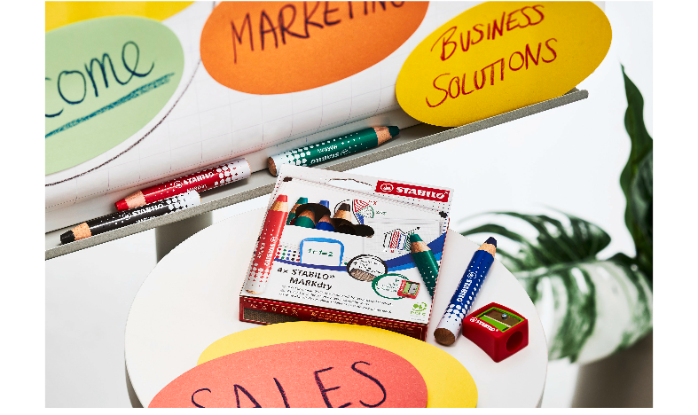 Whiteboard and Flipchart Markers - STABILO MARKdry - Pack of 4 - Assorted Colours with Sharpener + Wiping Cloth