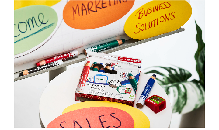 Whiteboard and Flipchart Markers - STABILO MARKdry - Pack of 4 - Assorted Colours with Sharpener + Wiping Cloth