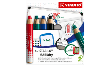 Whiteboard and Flipchart Markers - STABILO MARKdry - Pack of 4 - Assorted Colours with Sharpener + Wiping Cloth