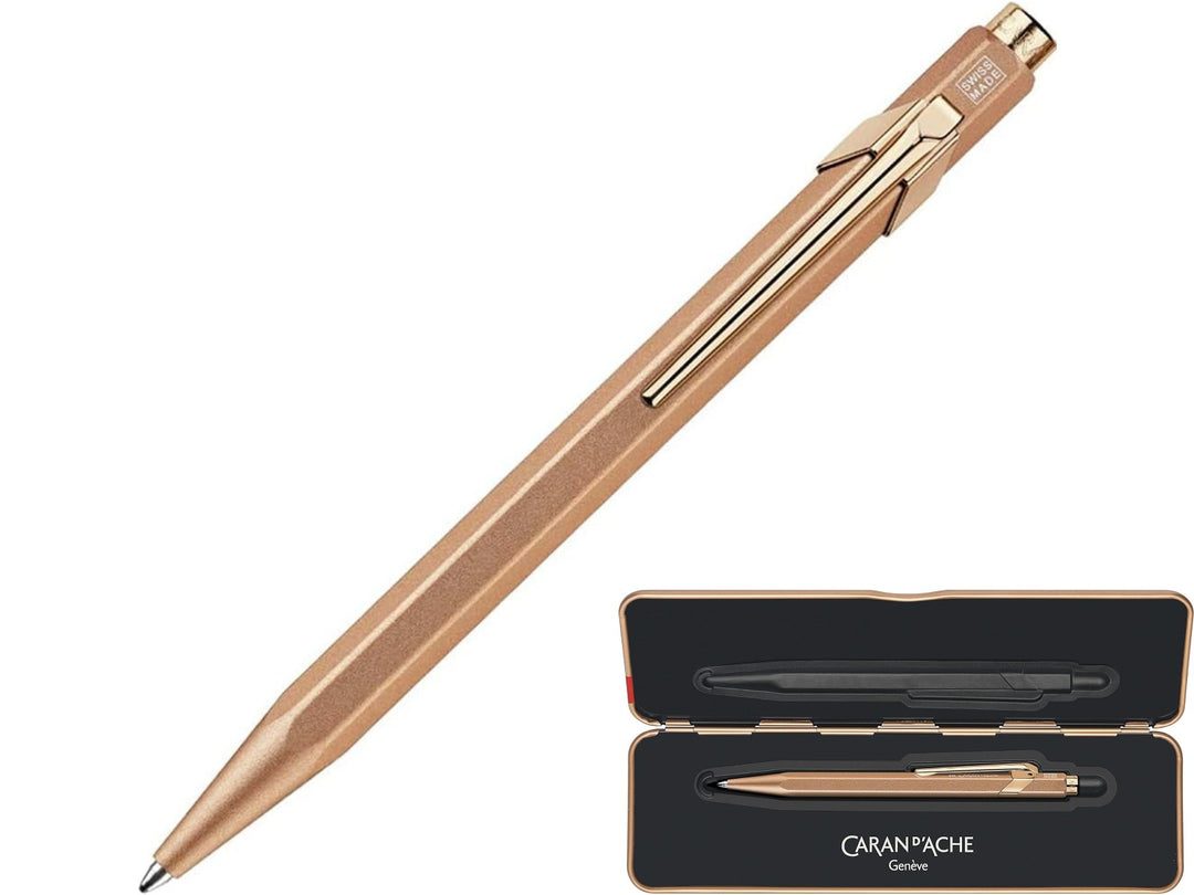 Caran d'Ache 849 brut rose ballpoint pen with metal tin