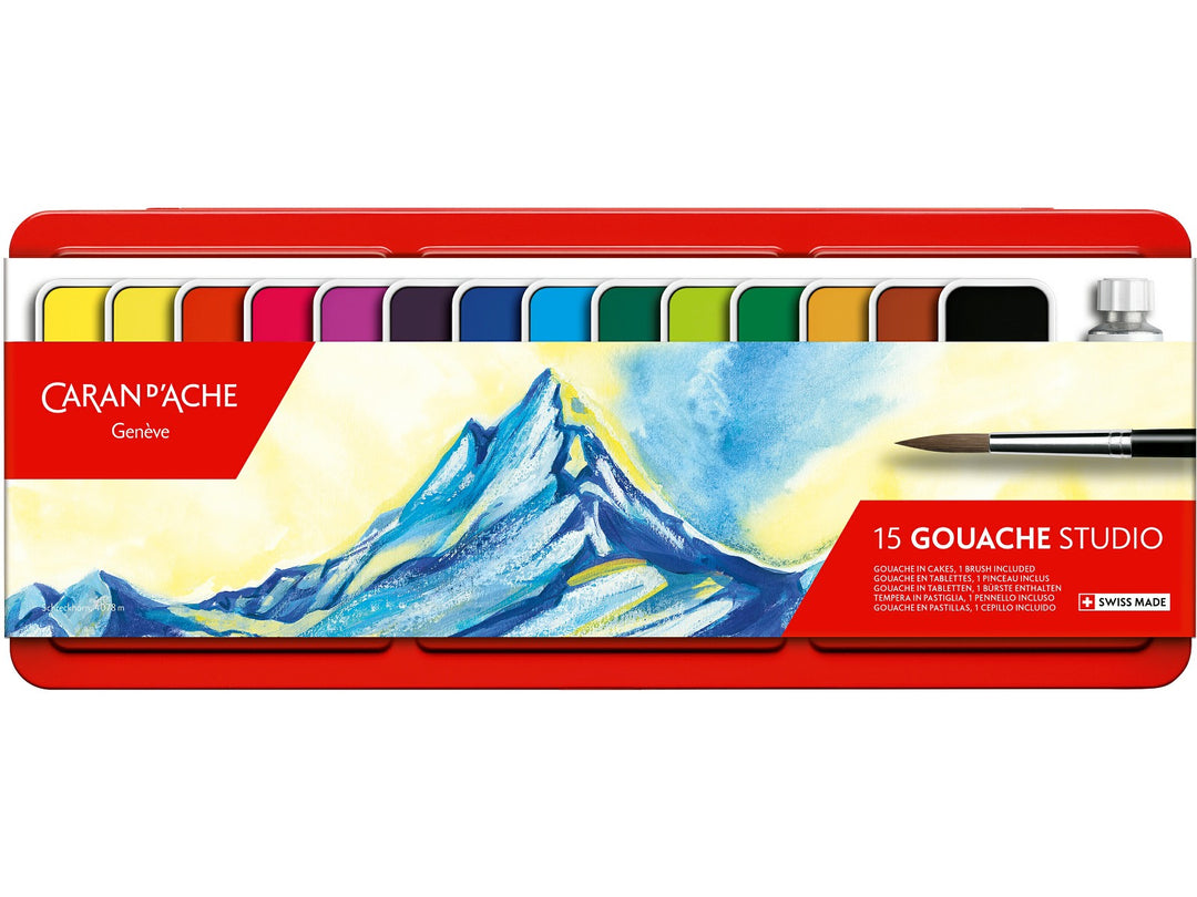 Caran d'Ache Gouache Studio paint set of 15 with colour tablets, white gouache and brush