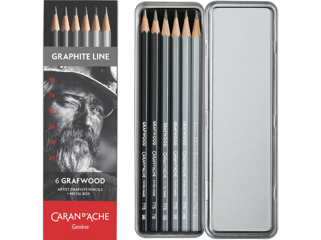 Caran d'Ache Grafwood graphite pencils set of 6 showing assorted hardness grades in metal tin