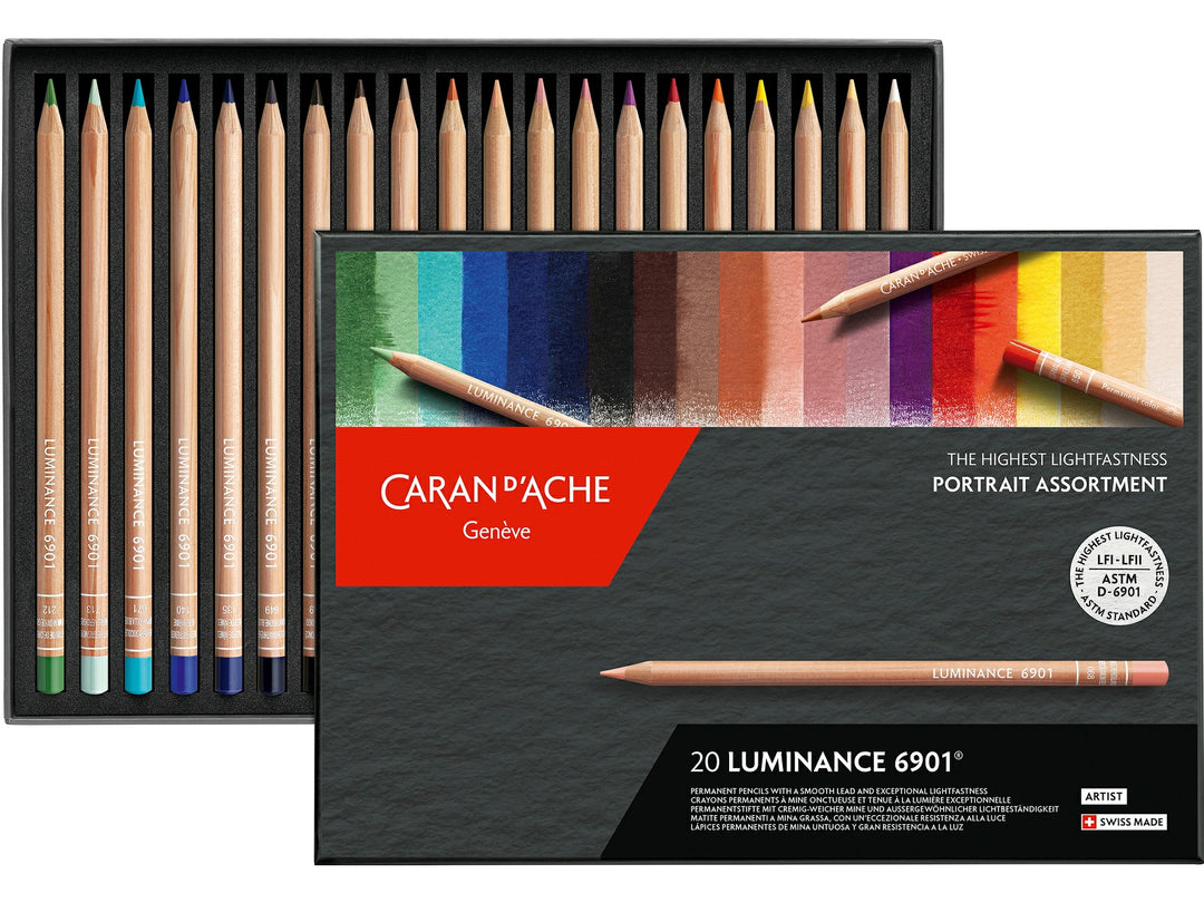 Caran d’Ache Luminance 6901 coloured pencils set of 20 portrait colours with tray and presentation box