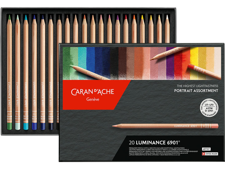 Caran d’Ache Luminance 6901 coloured pencils set of 20 portrait colours with tray and presentation box