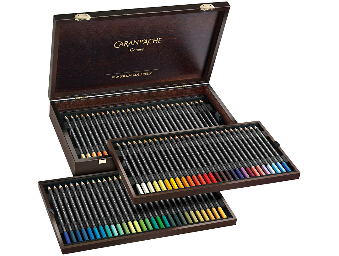 Caran d'Ache Museum Aquarelle 76 pencil set in wooden case showing colours
