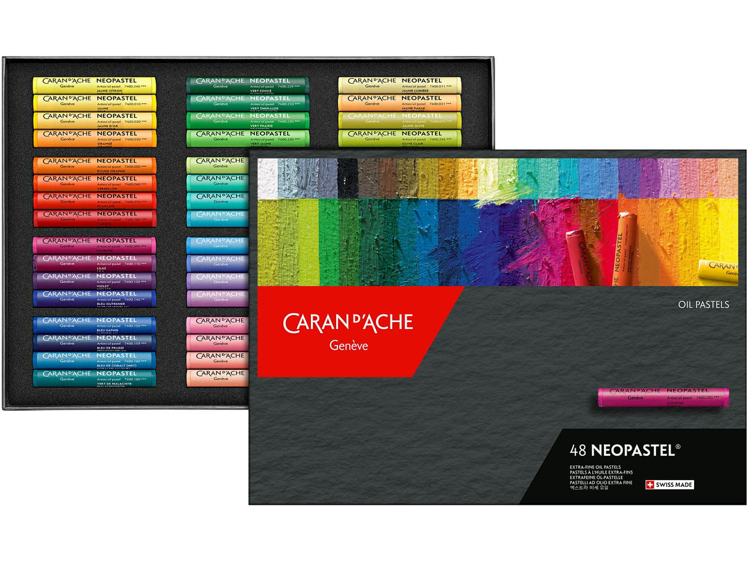 Caran d'Ache Neopastel soft pastels set of 48 tray displaying colour range