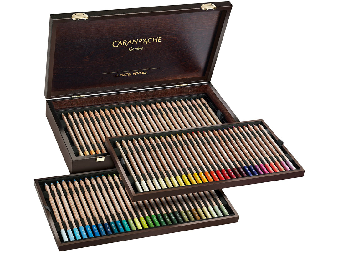 Caran d'Ache pastel pencils set of 84 tray displaying full colour range