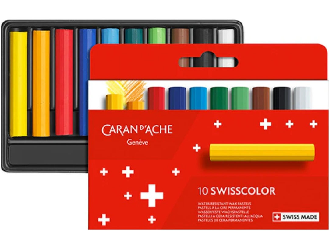 Caran d'Ache Swisscolor 10 wax pastels in box with open tray showing colour selection