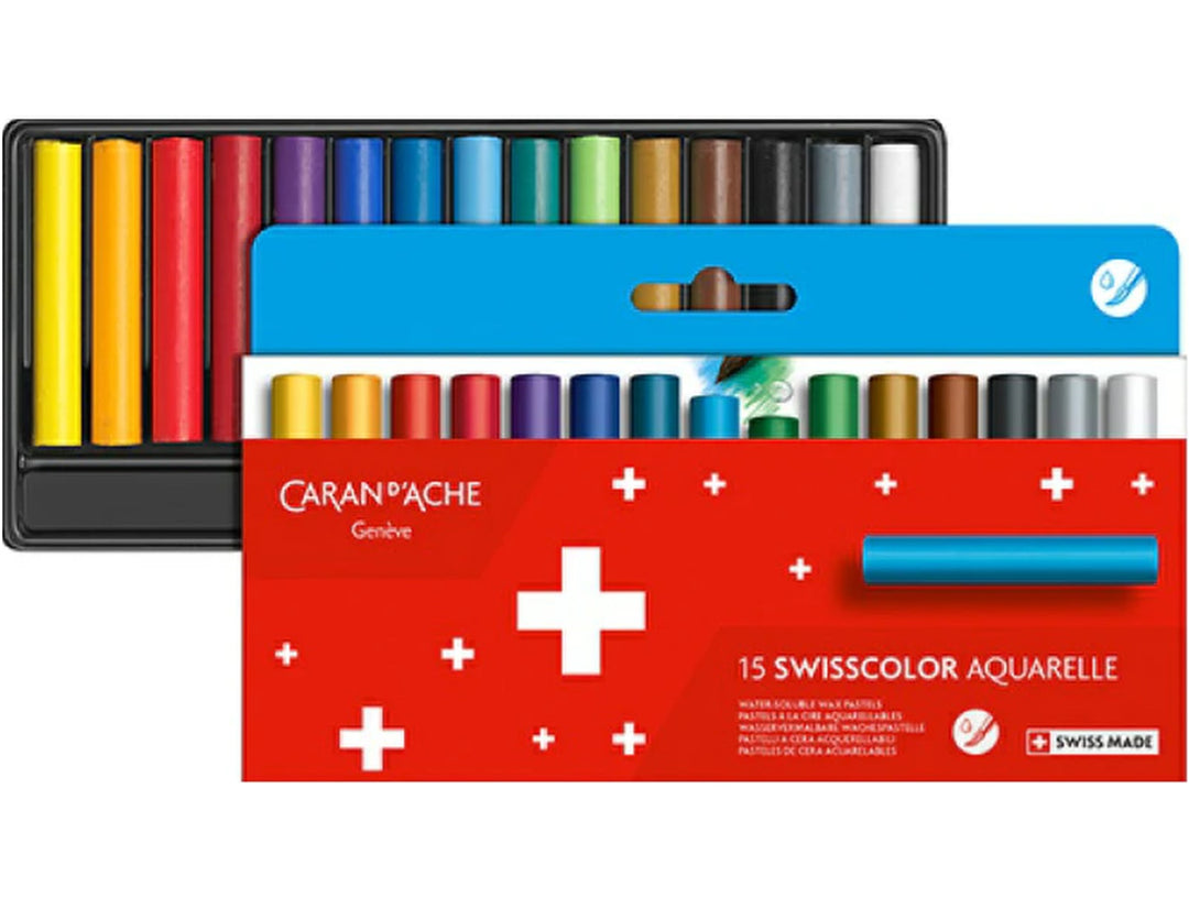 Caran d'Ache Swisscolor Aquarelle 15 water soluble wax pastels showing packaging, tray and colour range