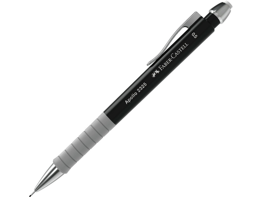 Faber-Castell Apollo Mechanical Pencil 0.5mm in Black featuring an ergonomic soft-grip zone, retractable lead sleeve, integrated eraser and metal pocket clip for precise everyday writing, note-taking, sketching and technical drawing.