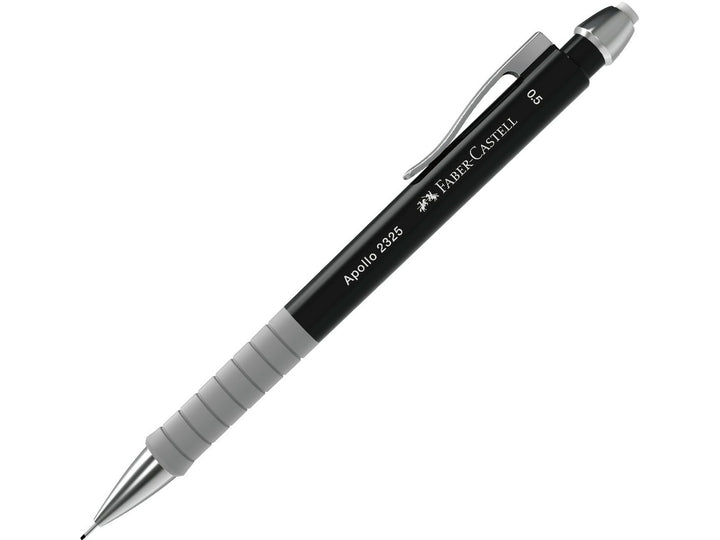 Faber-Castell Apollo Mechanical Pencil 0.5mm in Black featuring an ergonomic soft-grip zone, retractable lead sleeve, integrated eraser and metal pocket clip for precise everyday writing, note-taking, sketching and technical drawing.