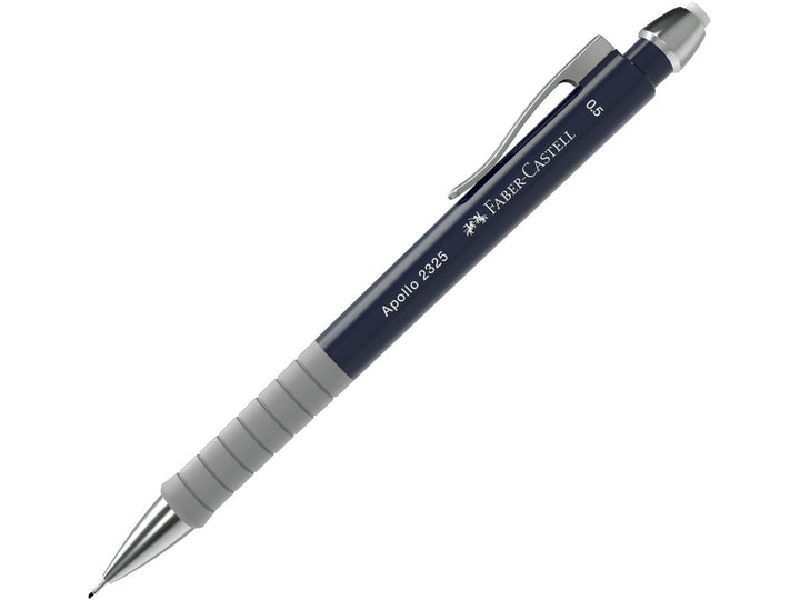 Faber-Castell Apollo Mechanical Pencil 0.5mm in Dark Blue featuring an ergonomic soft-grip zone, retractable lead sleeve, integrated eraser and metal pocket clip for precise everyday writing, note-taking, sketching and technical drawing.