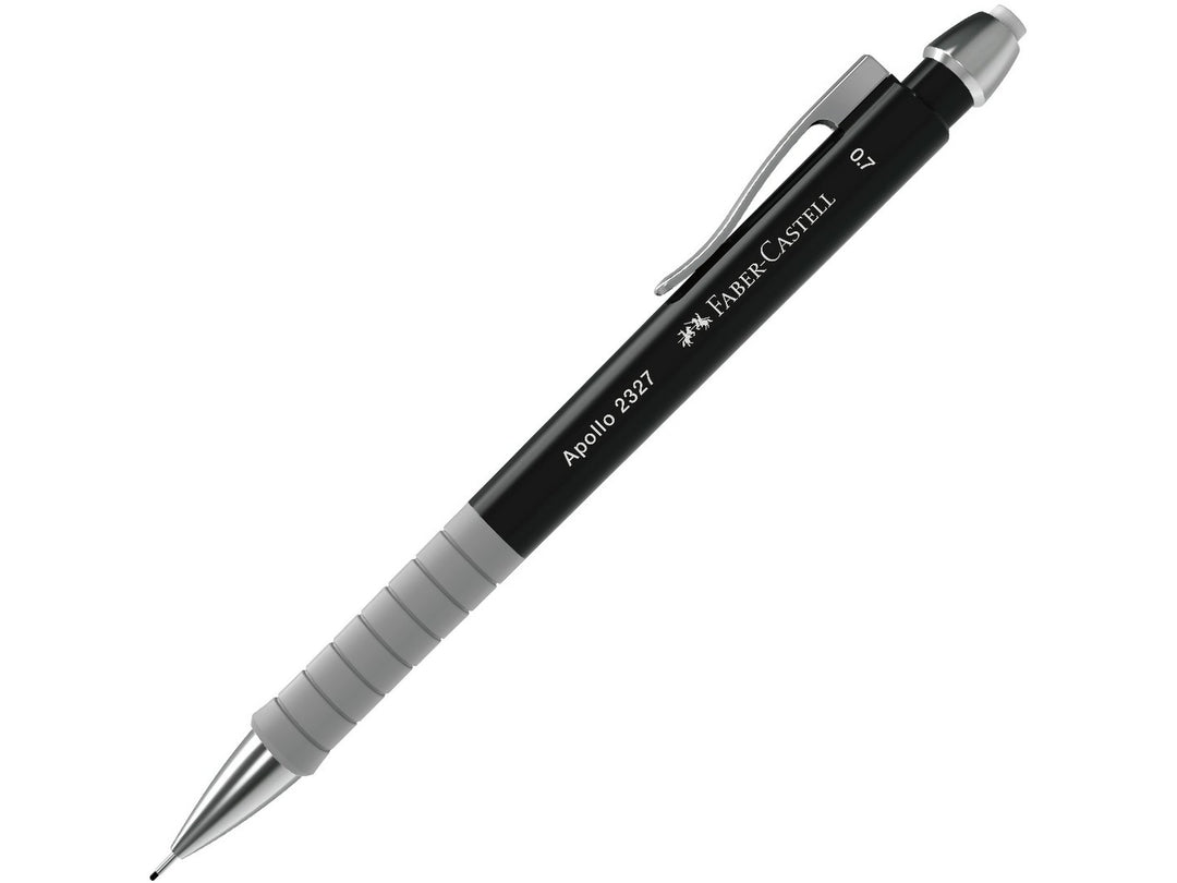 Faber-Castell Apollo Mechanical Pencil 0.7mm in Black featuring an ergonomic soft-grip zone, retractable lead sleeve, metal pocket clip and integrated eraser for comfortable everyday writing, note-taking, sketching and technical drawing.