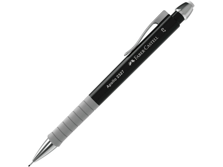 Faber-Castell Apollo Mechanical Pencil 0.7mm in Black featuring an ergonomic soft-grip zone, retractable lead sleeve, metal pocket clip and integrated eraser for comfortable everyday writing, note-taking, sketching and technical drawing.