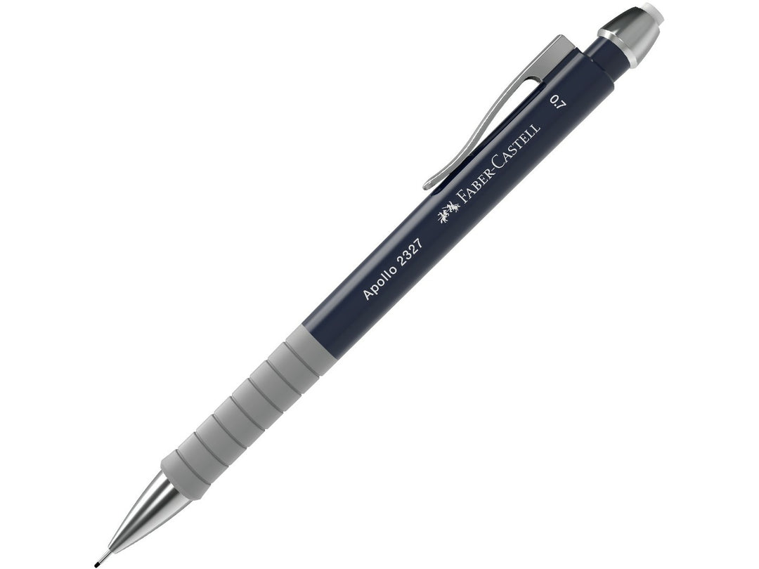 Faber-Castell Apollo Mechanical Pencil 0.7mm in Dark Blue featuring an ergonomic soft-grip zone, retractable lead sleeve, metal pocket clip and integrated eraser for comfortable everyday writing, note-taking, sketching and technical drawing.