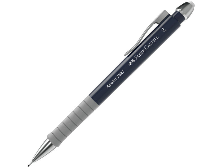 Faber-Castell Apollo Mechanical Pencil 0.7mm in Dark Blue featuring an ergonomic soft-grip zone, retractable lead sleeve, metal pocket clip and integrated eraser for comfortable everyday writing, note-taking, sketching and technical drawing.