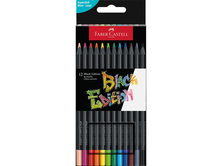 Front of Faber-Castell Black Edition Colour Pencils cardboard box of 12, featuring twelve colour pencils with black wood barrels and colour-dipped ends, super-soft leads and vibrant pigments designed for colouring, drawing and artwork on light, coloured and dark paper.