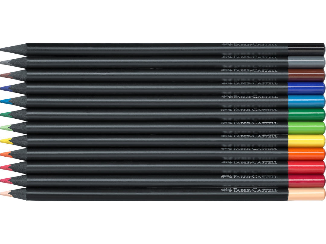 Faber-Castell Black Edition Colour Pencils set of 12 displayed individually, featuring black wood barrels with colour-dipped ends and super-soft colour leads in a range of vibrant shades for colouring, drawing, sketching and artwork on light, coloured and dark paper.