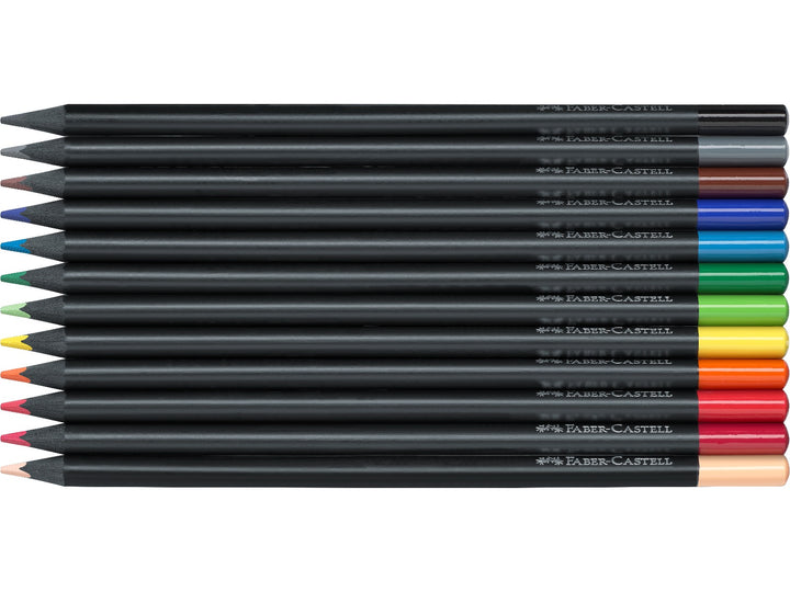 Faber-Castell Black Edition Colour Pencils set of 12 displayed individually, featuring black wood barrels with colour-dipped ends and super-soft colour leads in a range of vibrant shades for colouring, drawing, sketching and artwork on light, coloured and dark paper.